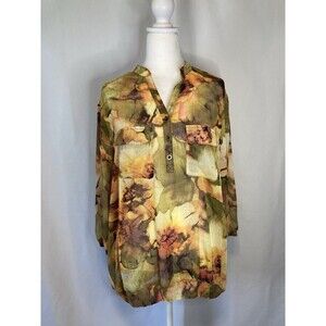 Susan Graver Blouse Top XL Gold Floral Sheer Button V-Neck Earthtone Fairy Boho